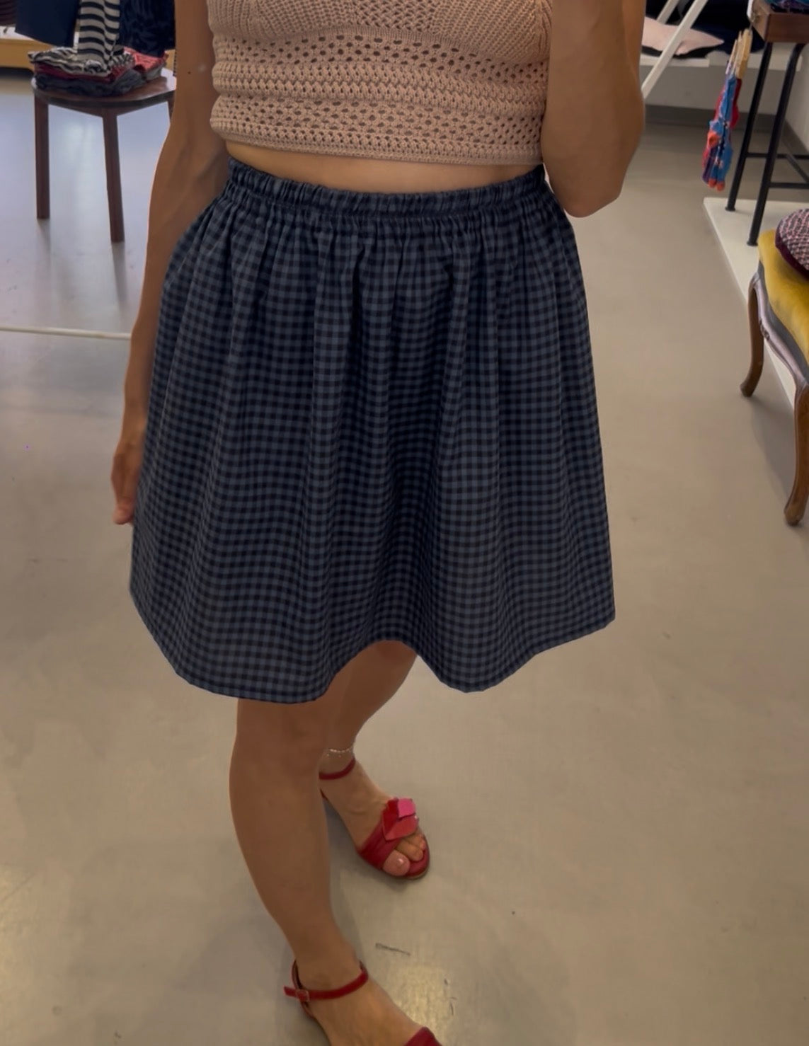 Gonna con elastico corta cotone Vichy blu