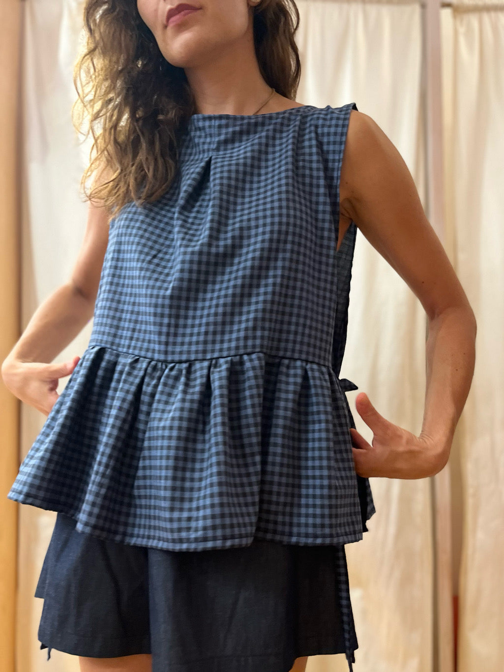 Blusa Peplum in cotone vichy blu