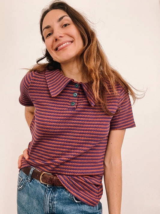 Rainbow Polo con colletto a righe viola e arancio in cotone