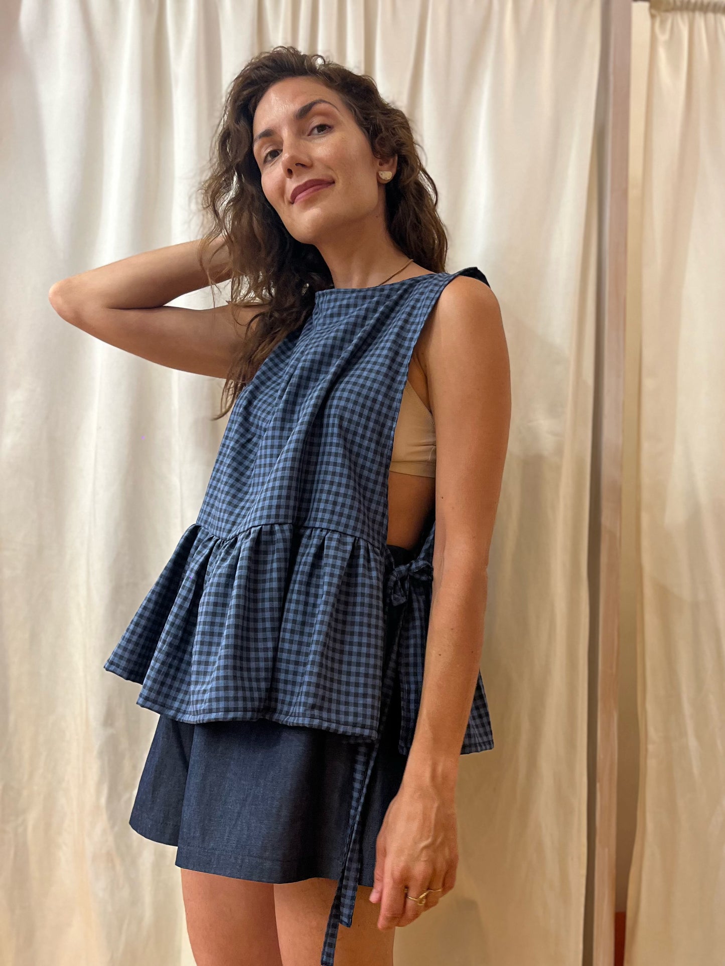 Blusa Peplum in cotone vichy blu