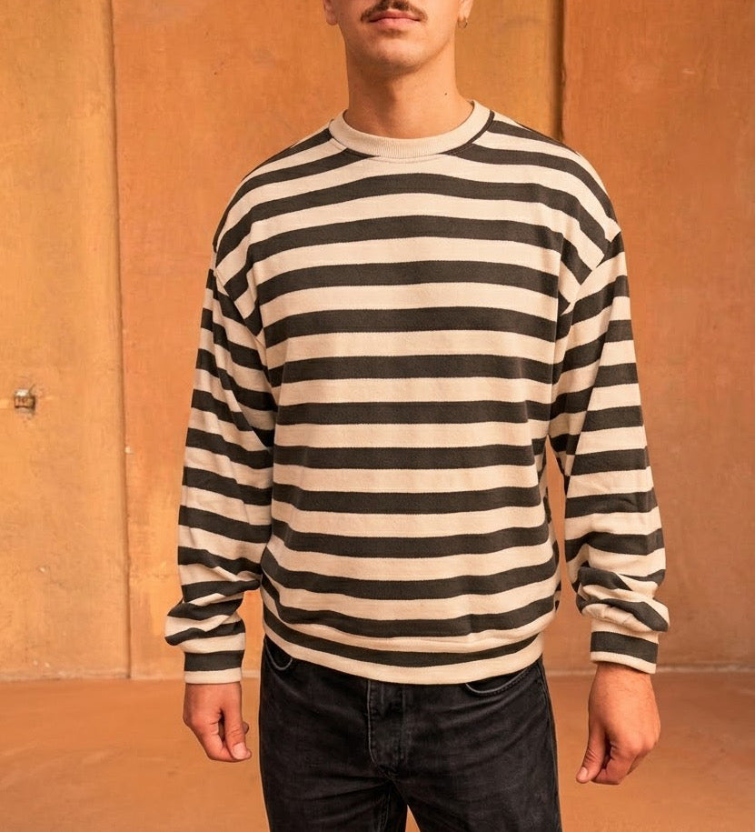 Felpa Tokyo in caldo cotone a righe grigio e panna