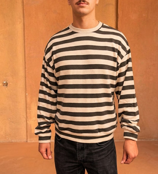 Felpa Tokyo in caldo cotone a righe grigio e panna