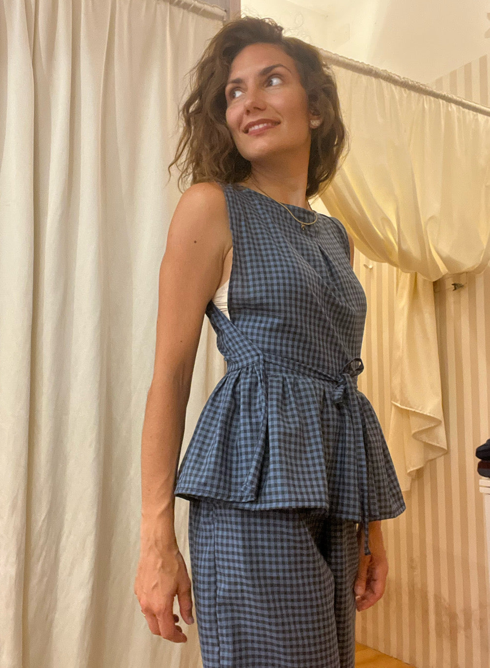 Blusa Peplum in cotone vichy blu