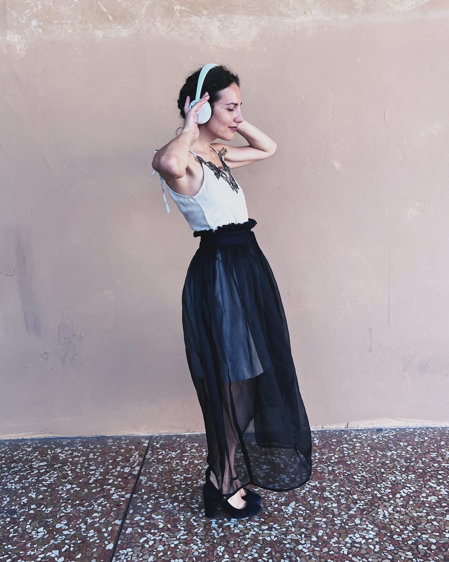 Aria - Gonna maxi in organza di seta nera