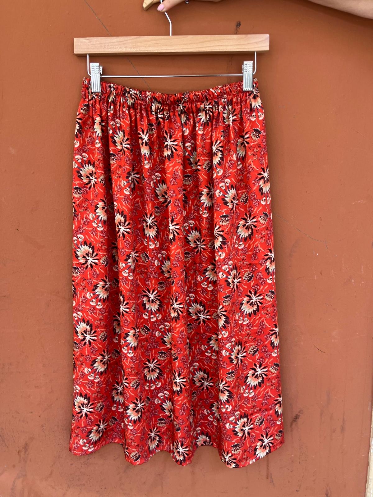 Gonna con elastico midi viscosa fantasia etnica ruggine