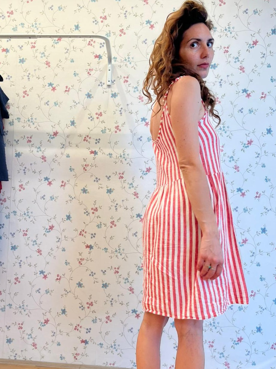 Abitino fiocchetti lino righe rosse grandi