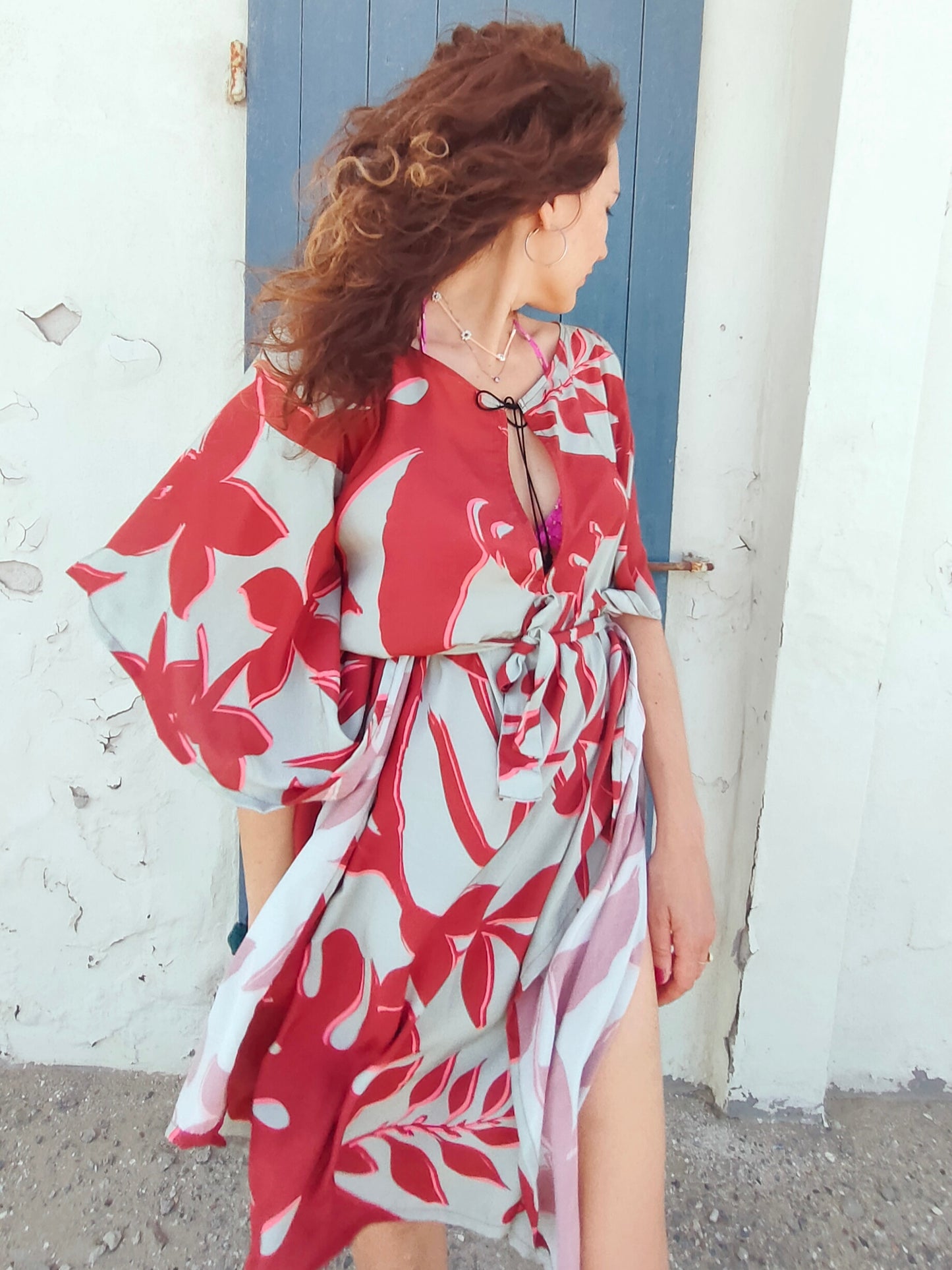 Caftano in viscosa fantasia foglie