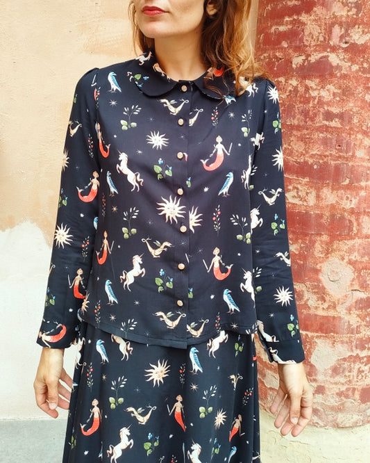 Camicetta fantasia bestiario alchemico in viscosa
