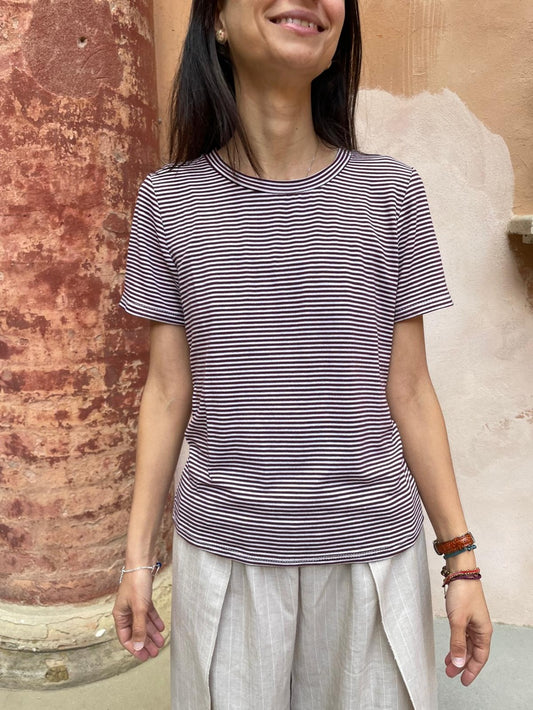 T-shirt righine bianco e viola